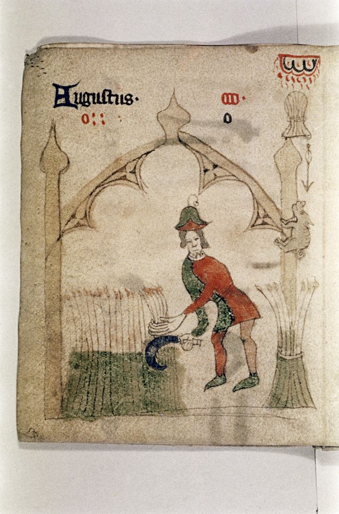 Illustration from medieval manuscript showing a person in a red and green tunic and tights with a green hat, harvesting wheat with a scythe, looking directly at the reader with a distinctly unimpressed expression. He's standing beneath a frame of Gothic architectural elements. 

Bodleian Library MS. Rawl. D. 939; Astrological and ecclesiastical calendar in six pieces; 1100-1500. England. https://digital.bodleian.ox.ac.uk/objects/eca53671-3a29-46ef-acae-3aa2b3b48195/