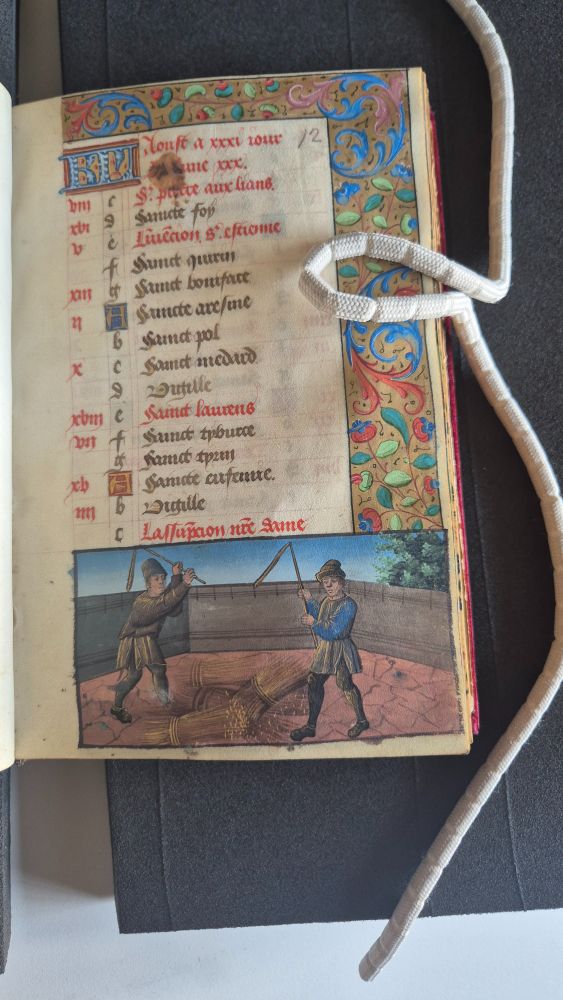 An open medieval manuscript depicting a highly detailed calendar page with illuminated script and a border design in gold, bright blue, red, green and pink. 

Below the text, an illustrated scene shows two figures threshing and reaping grain with sickles in a courtyard.

Bodleian Library MS. Canon. Liturg. 99. https://digital.bodleian.ox.ac.uk/objects/3c49e764-fa4b-433c-bb79-6901edd32b8f/