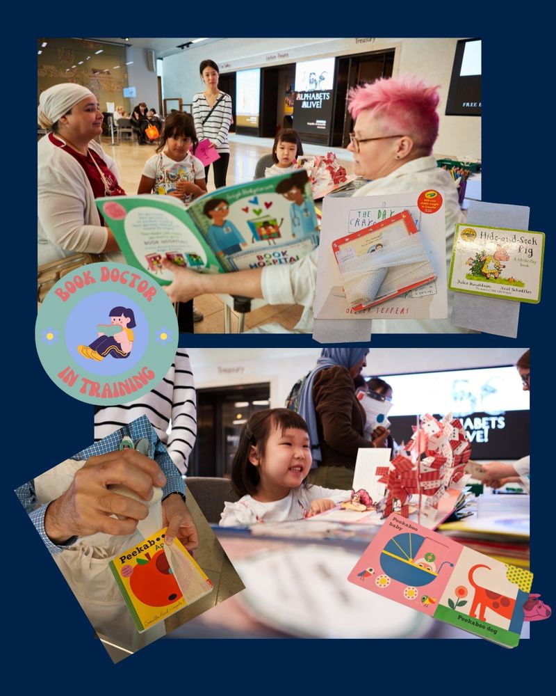 Collage of images from our last Book Hospital event showing Bodleian staff, children and parents engaging in reading and crafting activities. Includes one of our talented conservators reading to a group, another pretending to repair a book with medical gauze, and a young child attending a craft session making colourful paper projects. A round sticker overlaying the images reads 'Book Doctor In Training'.