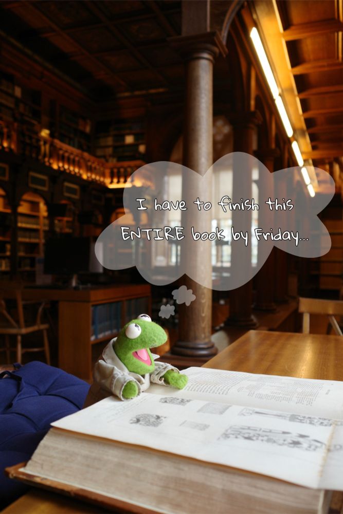A puppet of Kermit the Frog sits at a desk in Duke Humfrey's library at the Bodleian. He has a large book open in front of him and is thinking "I have to finish this ENTIRE book by Friday..." in a thought bubble.