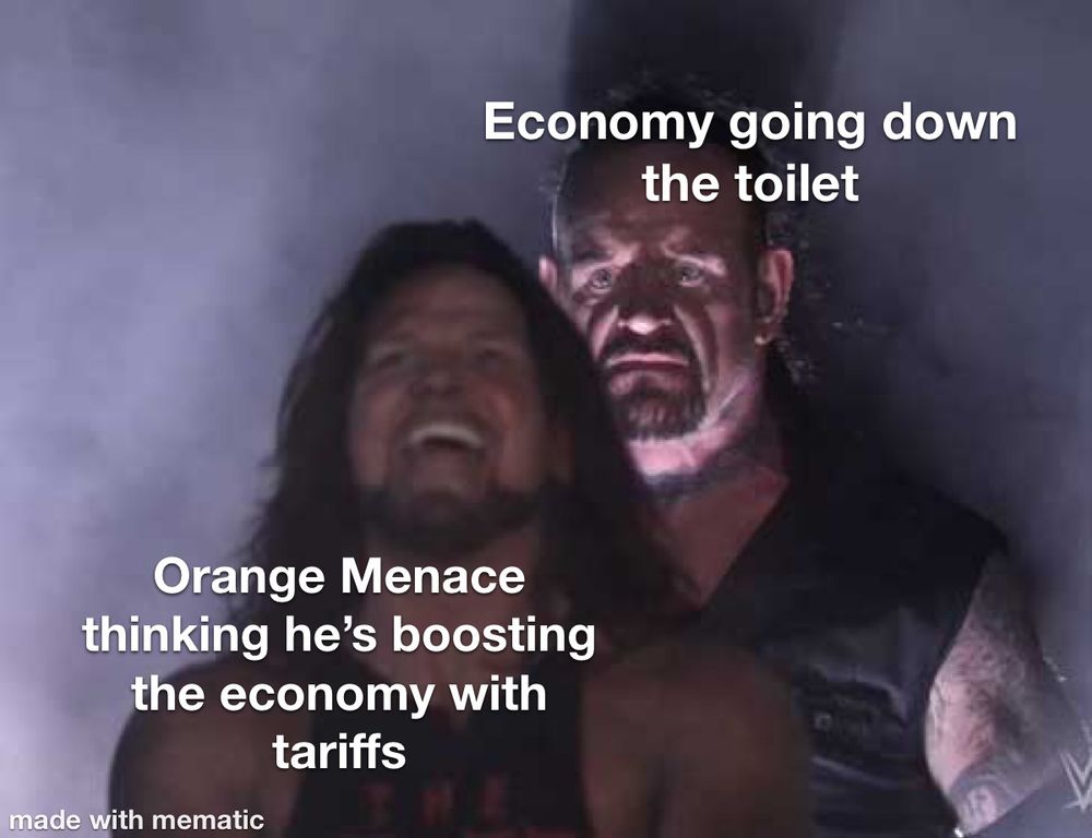 A wrestler stands in the foreground smiling with text “Orange Menace
 thinking he's boosting
 the economy with
 tariffs”. Another wrestler stands behind the first with a mean look on his face and text “Economy going down
 the toilet”.
