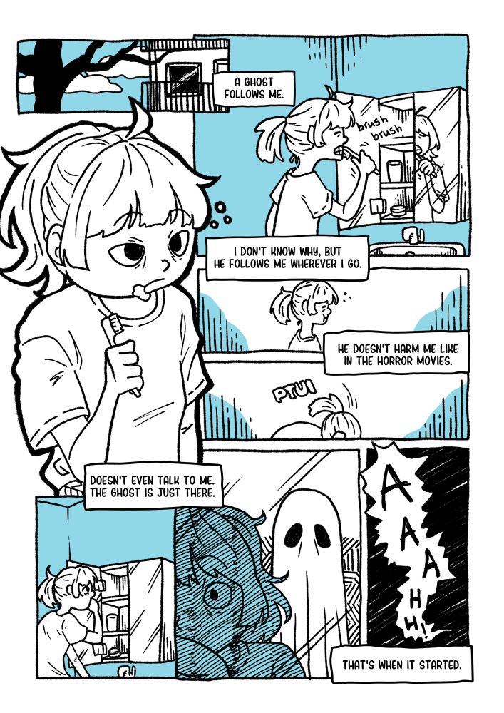 first page of a comic. a girl is brushing her teeth and narrates her life as she realizes she is haunted by a ghost.
