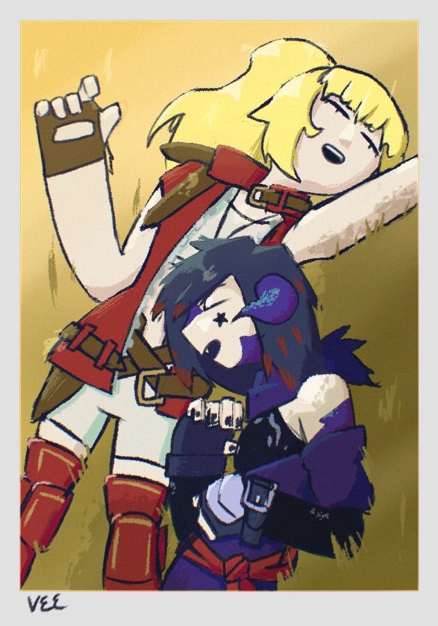 Nevi and Lyse cuddle in the grass on their stormblood designs