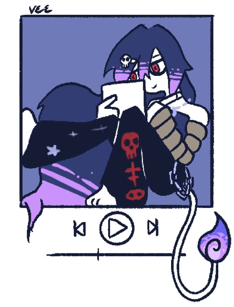 Vee sits in a music player drawing