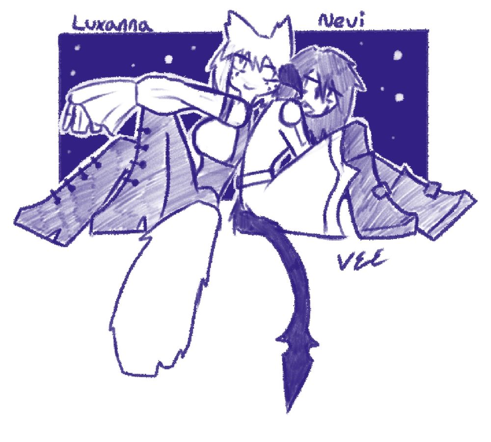 Luxanna leans on Nevi who says "aye can't very well be brooding with you here"