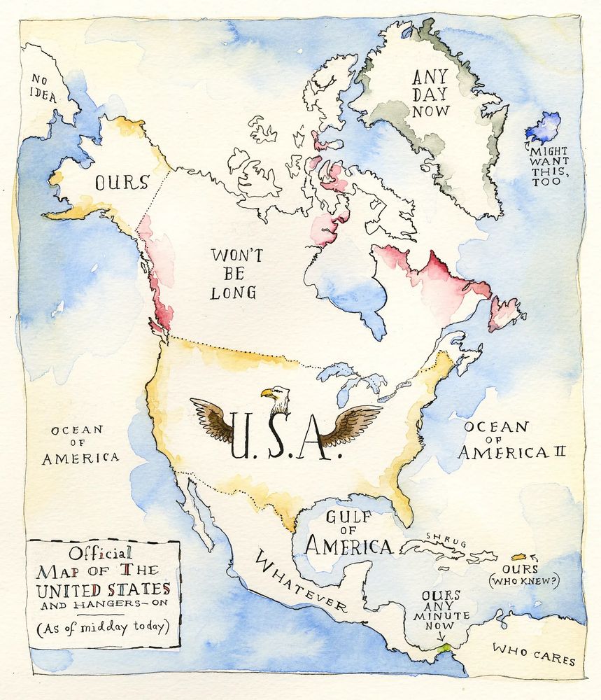 Map by New Yorker cartoonist highlighting Trump’s latest words to take or buy other countries’ land. 
