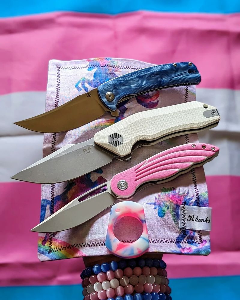 Background of photo features a slightly blurred trans pride flag.

Foreground of photo features a hand and wrist palm up. The wrist of the hand can be seen wearing five stacked cats eye bead bracelets. The five bracelets are colored in order of blue, pink, white, pink, and blue, mimicking the trans flag. The palm of the hand is obscured by a handkerchief laid out flat on top of it, and laid out on top of that hank are three open pocket knives and one SFK (single finger knuck).

The handkerchief is a B.hanks hank from BeltranCo. It has a light pink background with black stitching bordering the hank. On the pink background are silhouettes of three unicorns rearing up on their hand legs and each unicorn is standing on a small patch or rainbow. These unicorn silhouettes are each filled with a multicolor pattern.

The knives and SFK laid out on the handkerchief are as follows:

Top: ArtisanCutlery Arroyo with Deep Sea (blue) acrylic scales.
Middle: DamnedDesigns Basilisk with white G10 scales.
Bottom: PetrifiedFish Nightingale with pink G10 scales 
Knuck: EdcBoos FN knuck made of white glow resin with shreds of pink and blue glow resin spread throughout.

