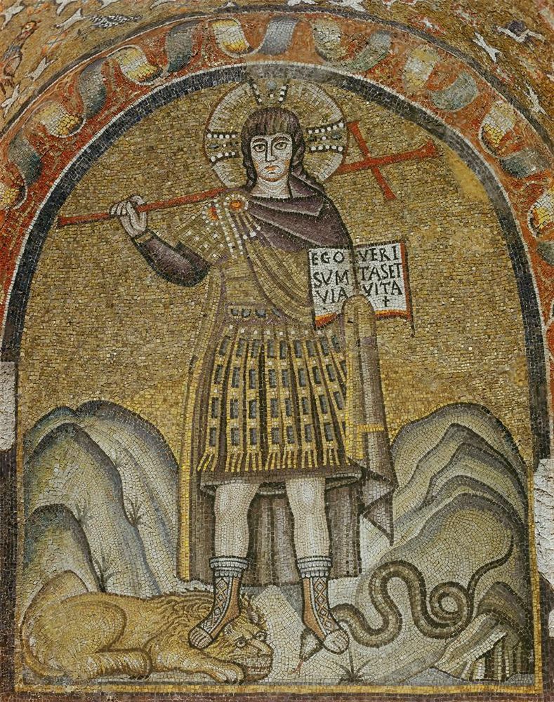 Christ trampling on a lion and a serpent (see e.g. Psalm 91 [90]:13). Early 6th century CE. Cappella archivescovile, Ravenna. 
