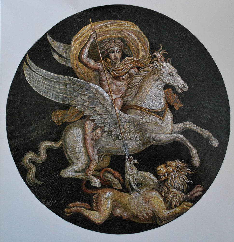 (A simply amazing!) Emblema from a mosaic pavement with Bellerophon slaying the chimera,  from an elite residence in Autun (France). 2nd-3rd century CE. Musée Rolin, Autun.
