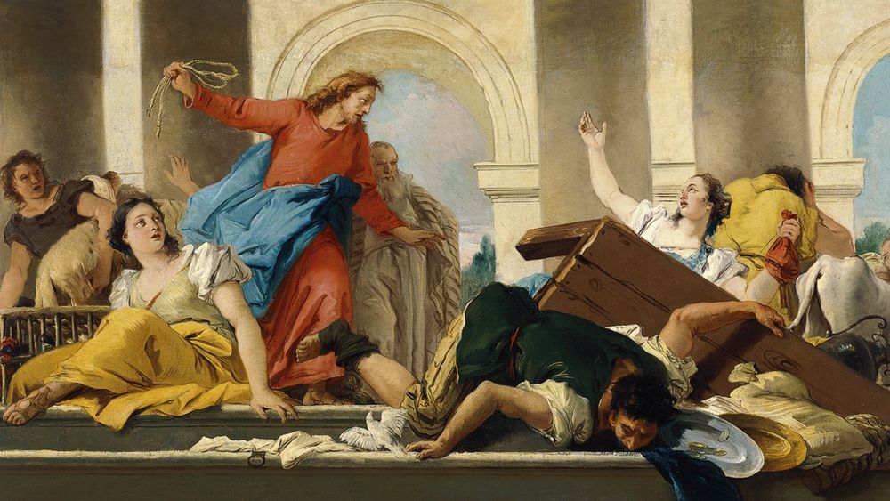 We see Christ on the left holding a whip while the money-changers and dove sellers have fallen to the ground through the force of his advancing presence. The traders in the background are seen running away in different poses, a woman on the left holding a lamb and one on the right leading an ox. The horizontal setting with its low viewpoint depicts the Temple in Jerusalem, here imagined by the artist has having monumental, classical walls with semi-circular arched openings.

The Expulsion of the Money-changers from the Temple by Giandomenico Tiepolo
ca. 1750 - 1753
Oil on canvas. 104 x 195 cm
Colección Thyssen-Bornemisza, on deposit at the Museu Nacional d'Art de Catalunya (MNAC)