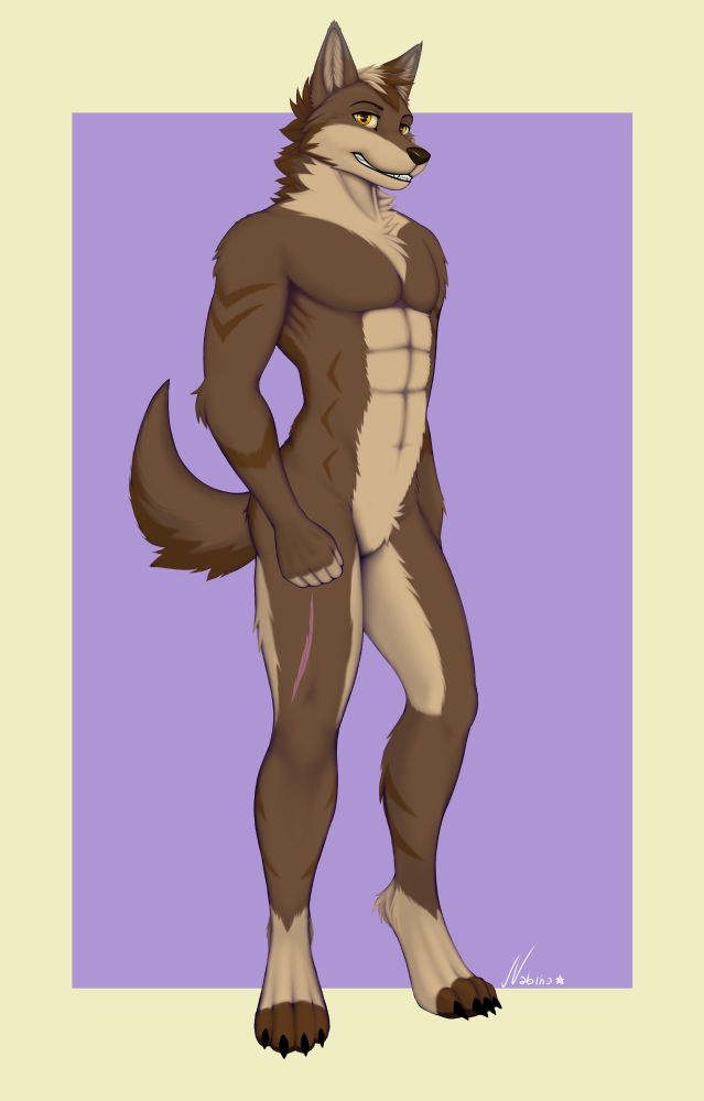 This is a SFW drawing (though without clothes) of Neo, my fursona. It was made by the artist Nabiha/Nabiel.
He is a sexy anthropomorphic Iberian wolf, with an athletic body, digitigrade feet with claws and a scar on his right thigh.
His fur is light brown, pale brown and chocolate. His teeth are white and light gray. Its nose and eyebrows are dark brown. His eyes have golden irises and the upper half of his ears are gray.
Finally, it has 2 chocolate-colored markings (consisting of 2 diagonal lines crossing each other, with rounded edges and pointing downwards) on each arm, 3 on each side of the abdomen (pointing outwards), 1 (in the shape of a pointed arch arranged face down and with irregular edges) on the forearm, and 4 (consisting of only one diagonal line) on each calf (2 on each side).