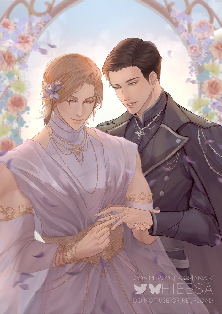 Final Fantasy XIV characters Dion and Terence in a wedding scene. Dion is slipping a ring into Terence's finger. Dion is wearing a loose, flowy, and translucent attire tinted in lavender with gold accessories. Terence is wearing a structured dark uniform-like attire with a cape and silver accessories. They are standing against a backdrop of the low afternoon sun and a wedding arch adorned by flowers.