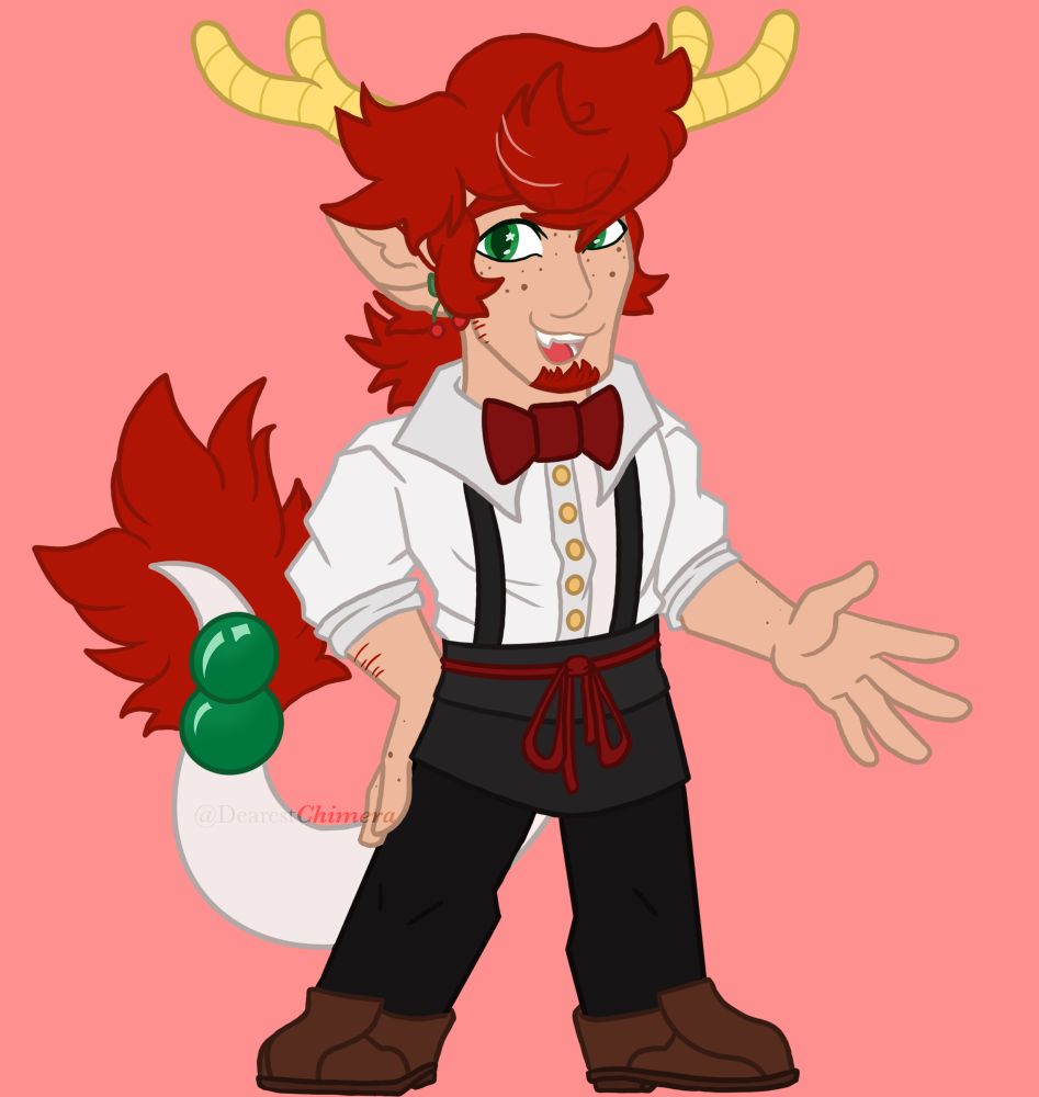A chibi full body drawing of a man with red hair and dragon traits. He wears a white button up shirt with a red bow tie, black apron, black pants and brown dress shoes. 