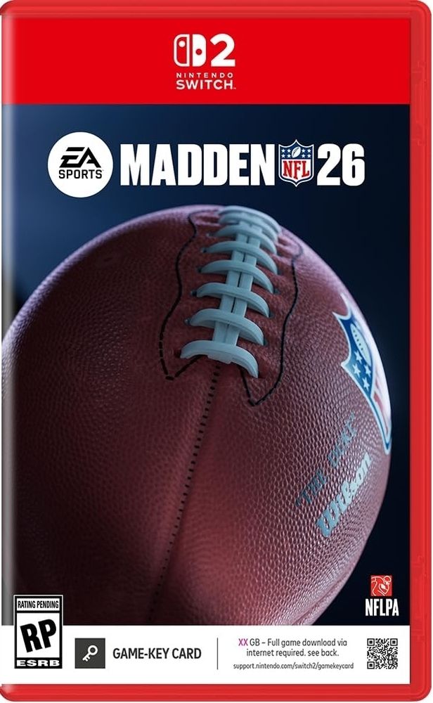 The (assumed placeholder) Switch 2 boxart for EA Sports Madden NFL 26. Under the game's logo is a giant American football that takes up the entire box art space. Under the football is the game-key card disclaimer banner.