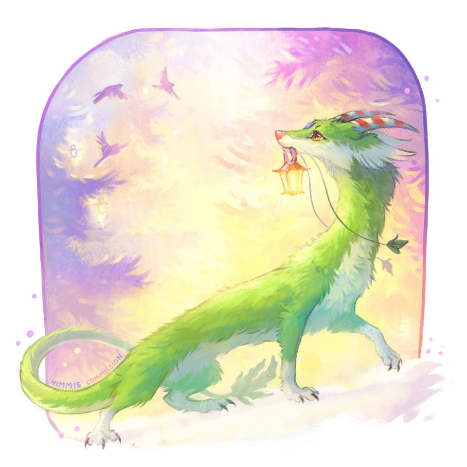 painterly drawn digital illustration with scenic backgrounds and happy feral furry characters