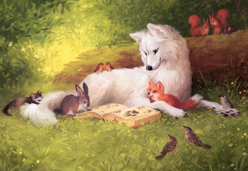 painterly digital art depicting white wolf laying in sunny forest surrounded by forest creatures