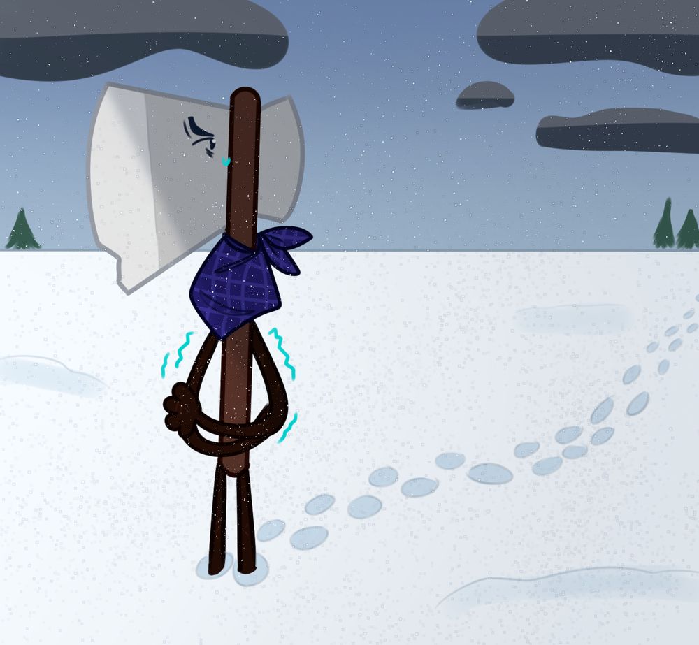 An axe (in the style of shows like Battle for Dream Island) wearing a blue bandana is walking through the snow with his arms crossed, shivering.