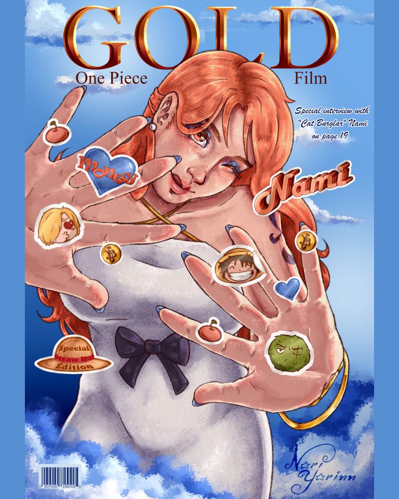 Nami from One piece Gold film, posing for a magazine cover with little stickers of Sanji, Zoro and luffy