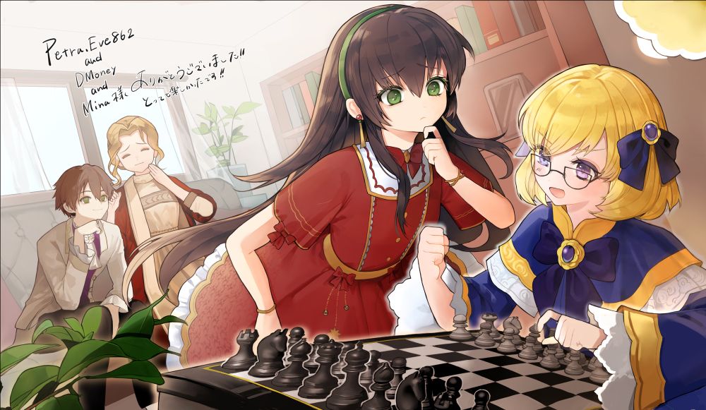 Lugh and Eyvel watching Seren and Lumi play chess