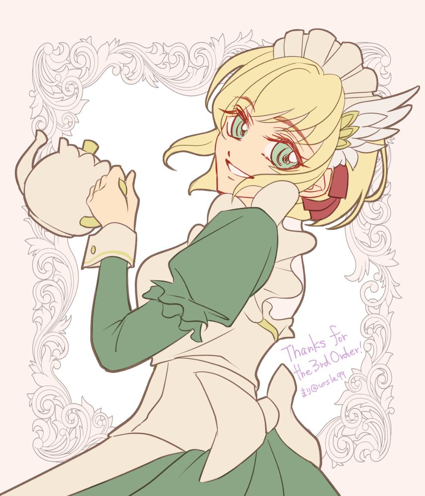 Nanna in her Teatime outfit holding a teapot and smiling