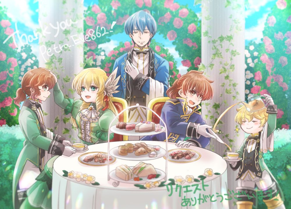 From left to right: Lugh, Nanna, Finn, Leif, and Fintan.
Leif and Nanna are sitting at a table being served tea by their sons. Lugh is placing a cup of tea on the table in front of Nanna and she is patting him on the head. Fintan is pouring the tea too far from Leif’s cup and Leif has grabbed a plate to try to redirect the tea back into the cup. Finn stands behind them with a peaceful smile. In the background are bushes of pink roses and white camellias