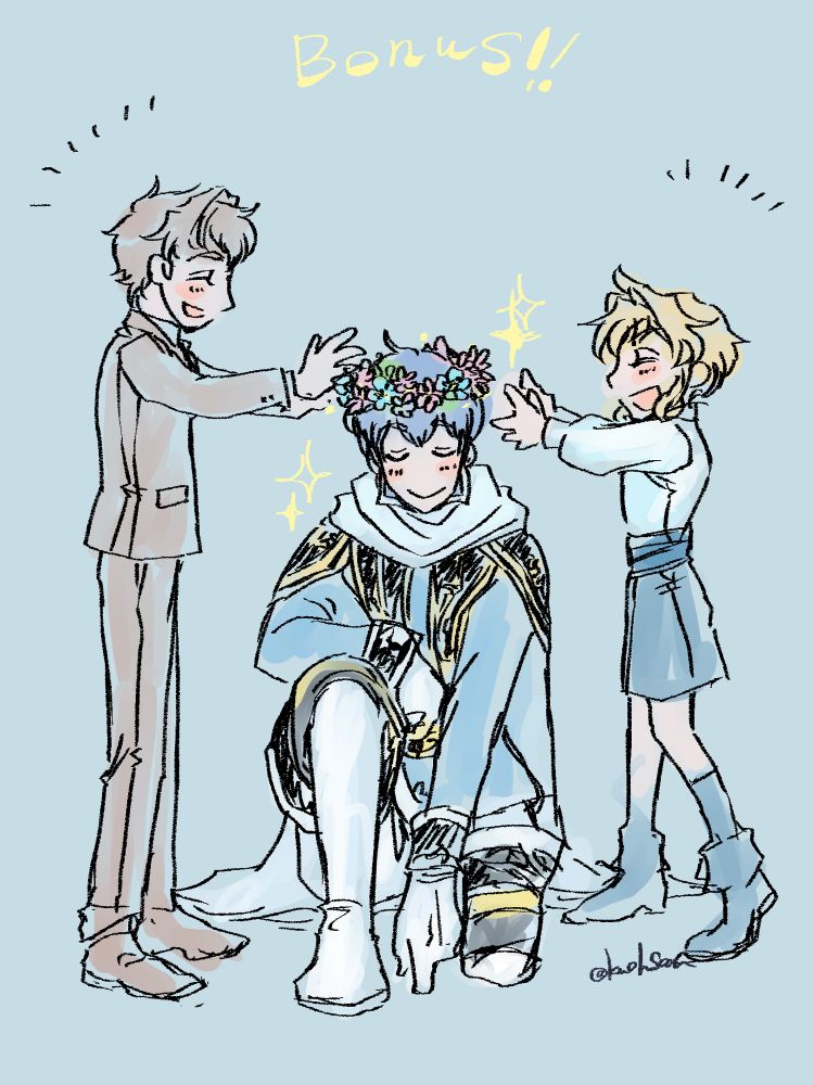 Finn kneeling as Lugh and Fintan crown him with a flower crown