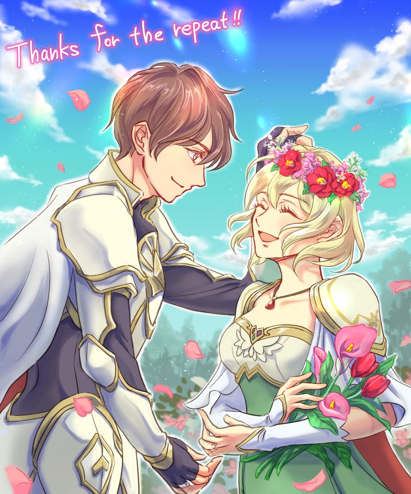 Leif placing a flower crown of red camellia, stock, and baby’s breath flowers on Nanna’s head. In her arms she has a bouquet of pink calla lilies and red tulip flowers.