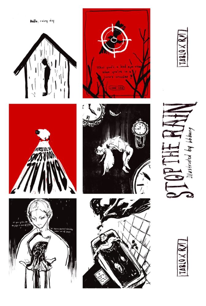 A serie of illustrations of the song Stop The Rain by Tablo and RM of BTS