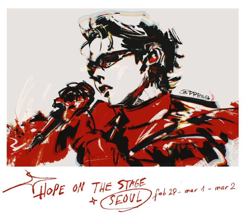 A fanart of BTS J-hope from the first shows of his solo tour in Seoul in Feb 28 - Mar 1 - Mar 2. J-hope in red burning the stage with his passion and talent