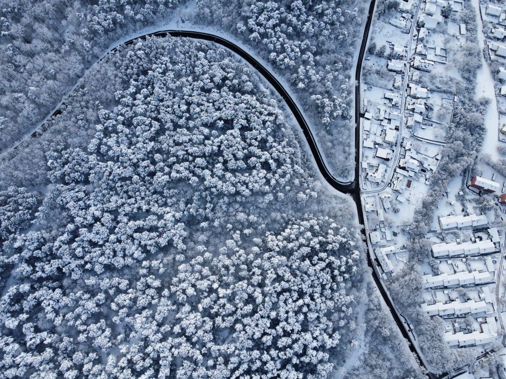 Drohnenaufnahme einer abknickenden Vorfahrtsstraße mitten im Wald, Bäume mit einer dünnen Schnee- und Reifschicht bedeckt.