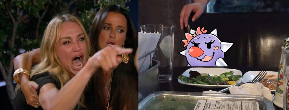 the "women yelling at cat" meme but I have edited myself into the image. I am a cartoon lavender spike ball girl with a smug grin in the image.