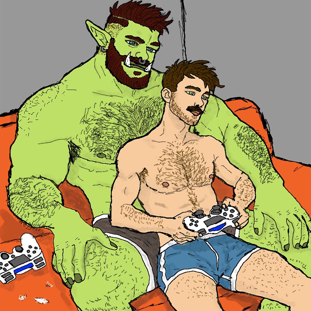 A handsome, beefy, beardy, hairy, shirtless half-orc is wearing short shorts and cuddling with his shirtless, slim, hairy, nerdy mustachioed human boyfriend. They sit on a shitty orange couch. The human is attempting to teach the orc video games. and is also wearing short shorts. 