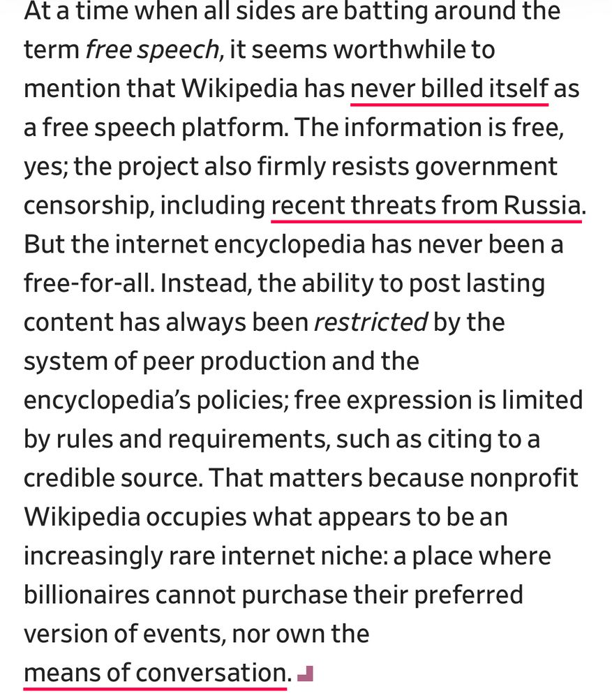 Text from a Slate article that suggests that Elon Musk and other billionaires reject Wikipedia because they want to own the means of conversation.