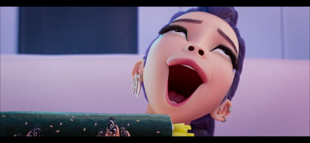 Rumi reacts to smelling a fresh roll of kimbap. It is a look of pure euphoria.