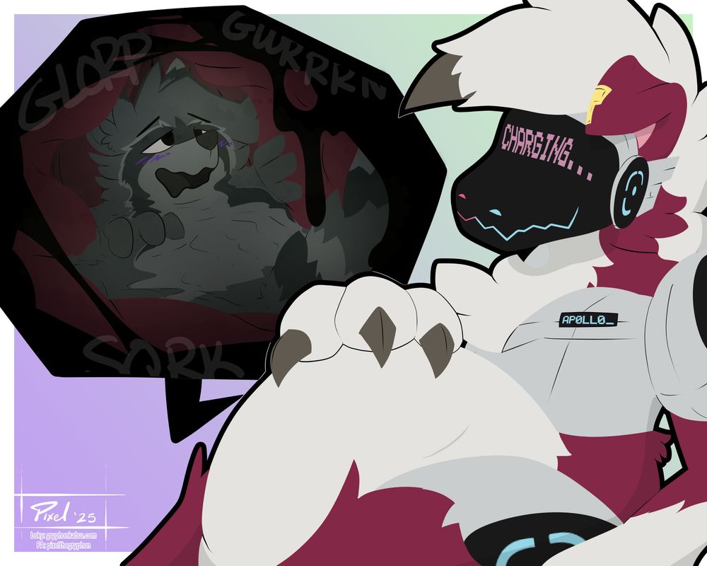 a protogen-lycanroc (aka "protoroc") digests an anthro raccoon. their face visor says "charging"