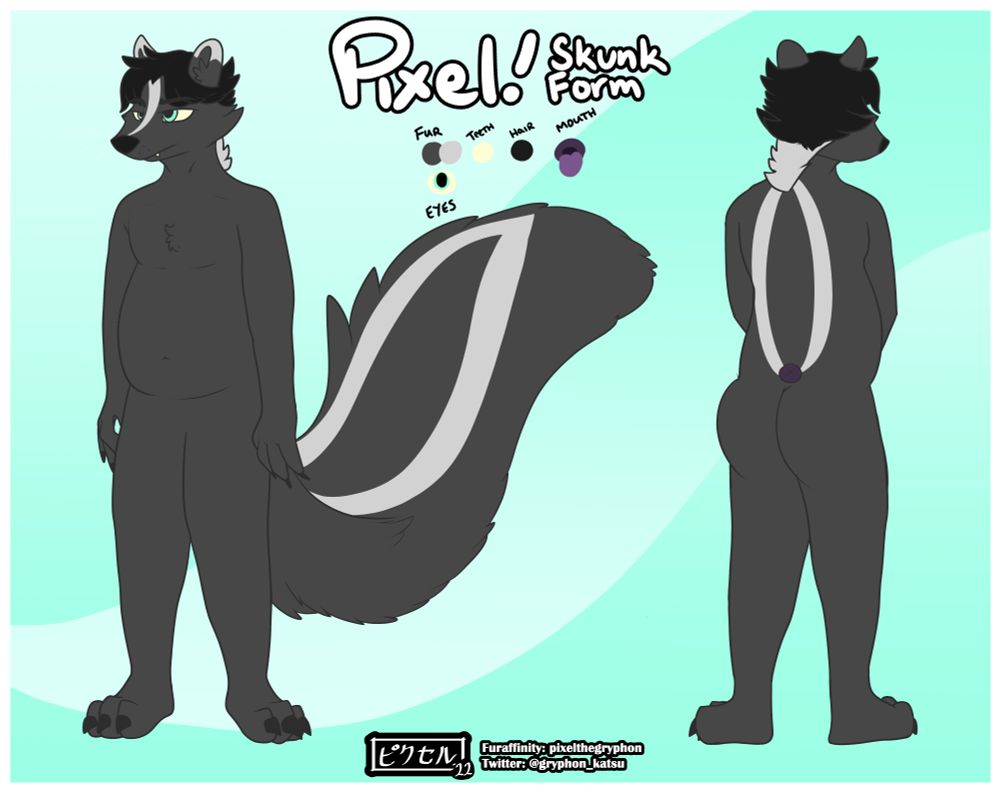 reference sheet for my skunk fursona, Kaleo