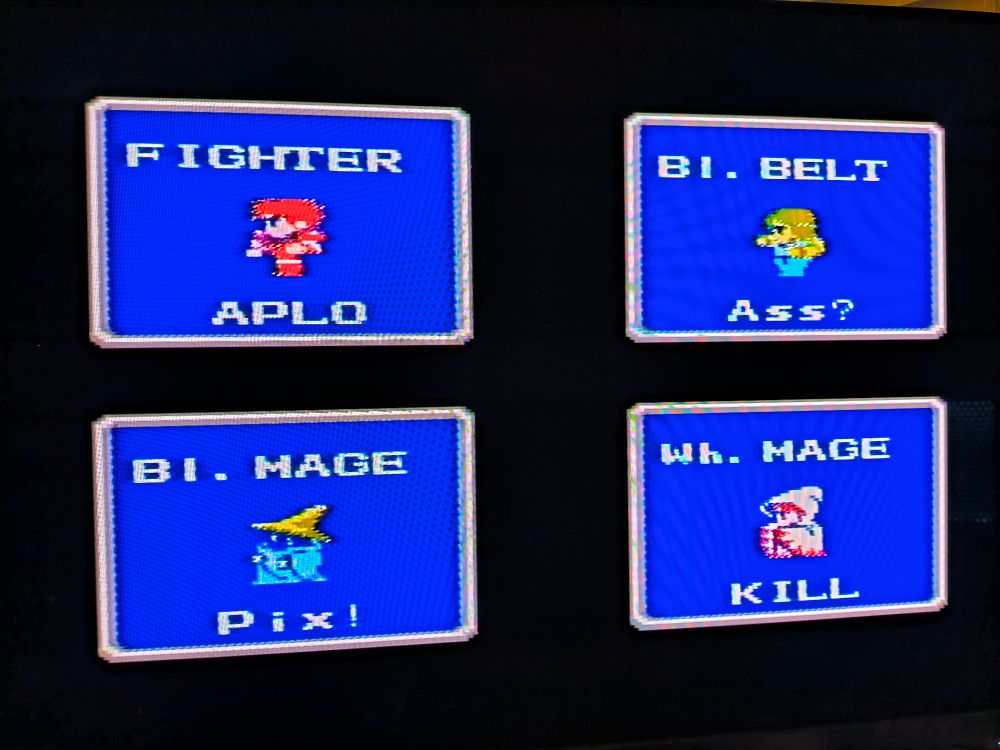 Final fantasy 1 on the NES. Party members are named APL-0, Ass?, Pix!, and KILL