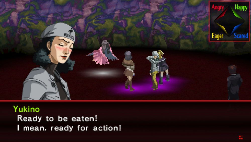 Persona 2 screenshot of Yukino conversing with a demon. She says "Ready to be eaten! I mean, ready for action!"