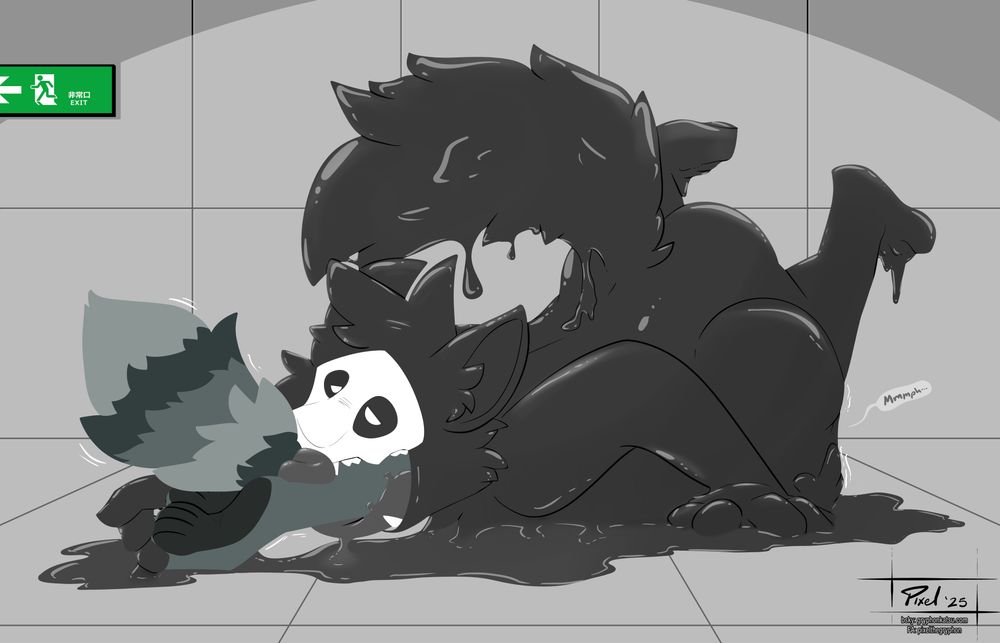 Puro from the video game Changed is swallowing an anthro raccoon. They are made from goo and are dripping black goo all over the white flooring