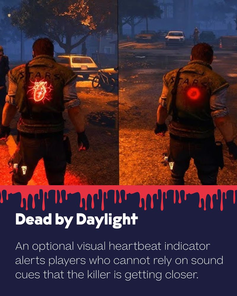 Still split-screen image from Dead by Daylight showing heartbeat indicator visuals, with accompanying text:

"Dead by Daylight

An option visual heartbeat indicator alerts players who cannot rely on sound cues that the killer is getting closer."