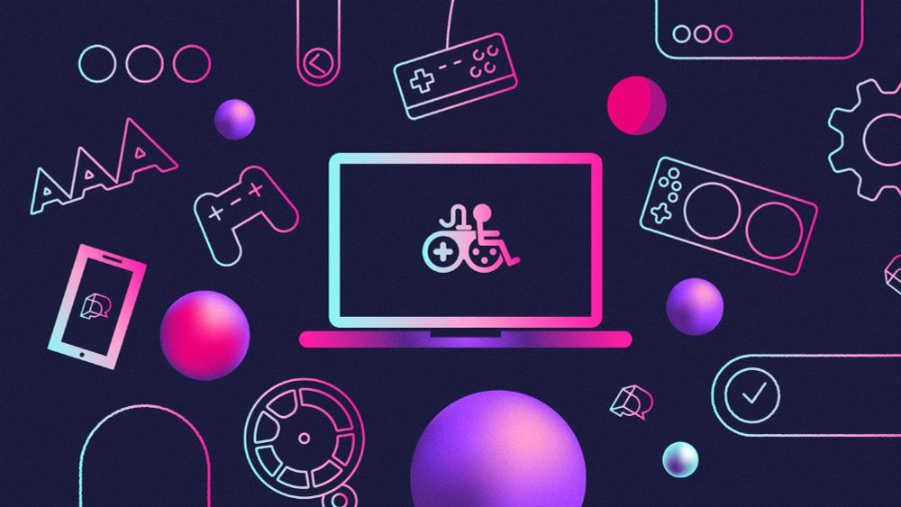 The Player Research Advancing Accessibility artwork, including digital illustrations of gaming controllers, screens, and other gaming items.