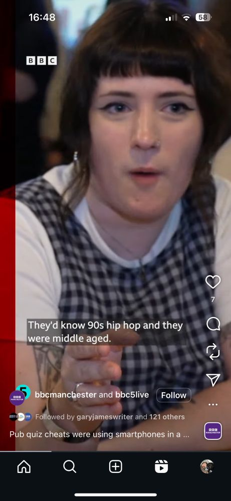 A young woman saying, “They'd know 90s hip hop and they were middle aged.” as an example of fishy behaviour from some pub quiz cheats. 