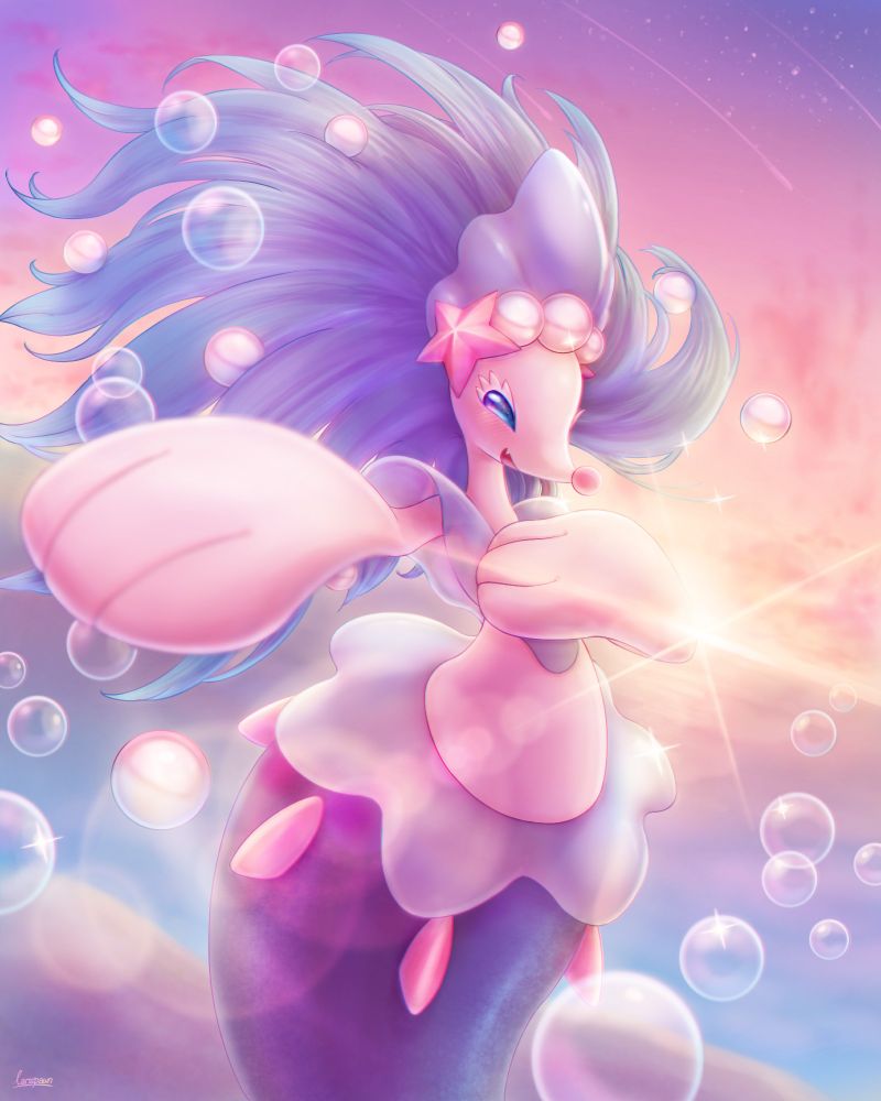 Primarina singing under the twilight in the middle of the ocean, with a stunning sunset in the background and surrounded by floating bubbles, creating a beautiful and enchanting scene.