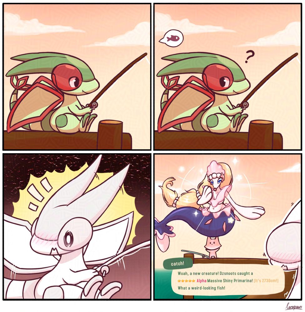 4-Panel Comic: Flygon Reacts to Another Player Catching a Huge Shiny Primarina in Webfishing