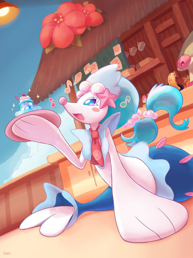 Primarina's first day in Pokémon Café Remix, with Flygon cooking in the background