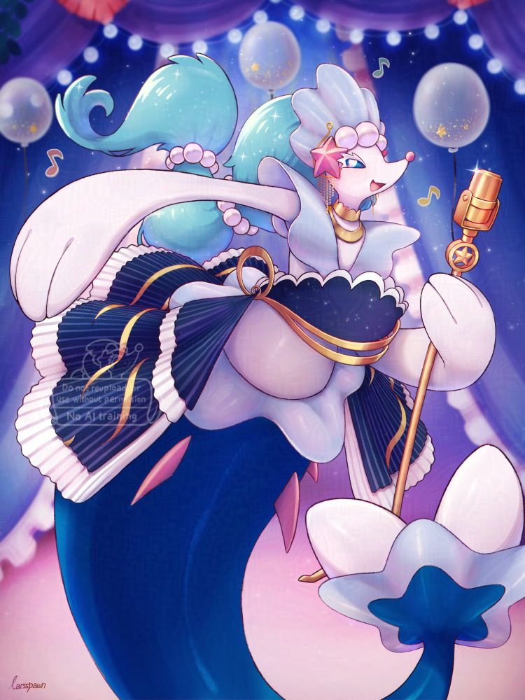 Primarina wearing the Elegant Soiree outfit from Cafe Remix, gracefully singing on stage with a lovely background.