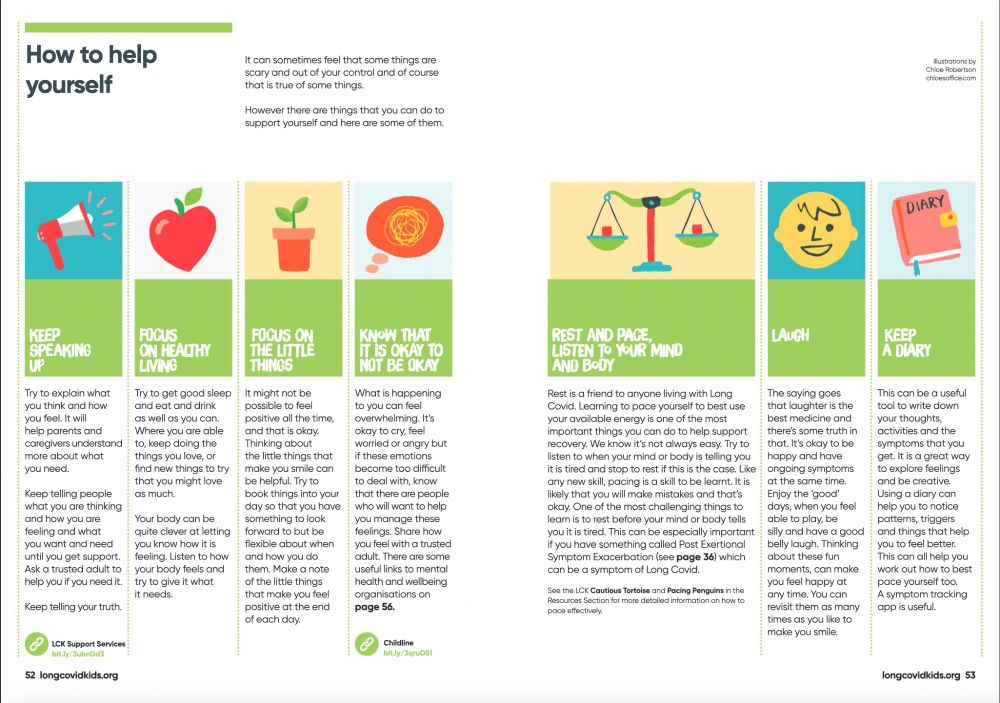 The image shows a page from the support guide linked in the post. The page is called 'How to help yourself'. Topics include; Keep Speeking Up, Foucus on Healthy Living, Focus On The Little Things, Know That It Is Okay To Not Be Okay, Rest And Pace Listen To Your Body And Mind, Laugh, Keep A Diary. 