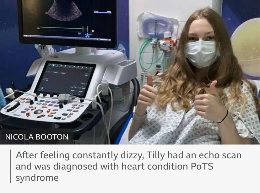 A teenager girl is sitting in a hospital bed wearing a hospital gown. She has long blond hair and has her thumbs up. Beside her is an echo machine. She is wearing a mask. 
The copy below the image says ‘after feeling constantly dizzy, Tilly had an echo scan and was diagnosed with heat condition PoTS syndrome’ 
