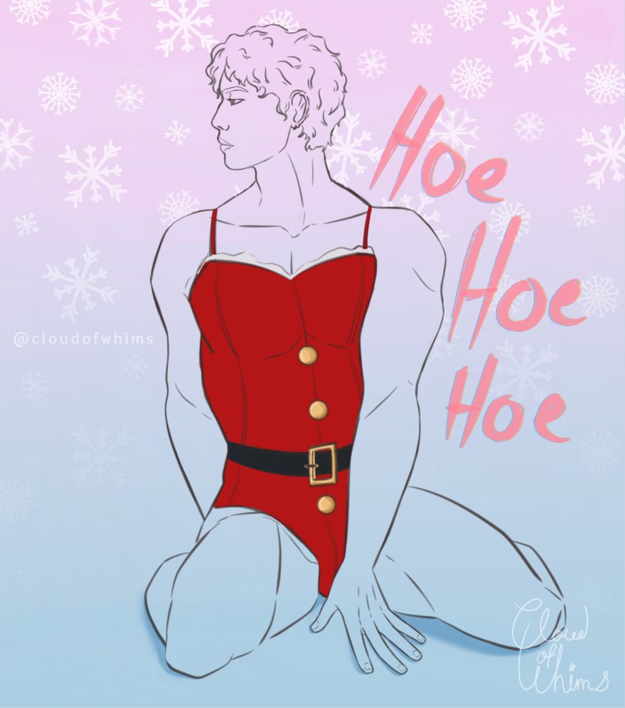 Line art of muscular man wearing a Santa red bodysuit. Snowflakes drifting in background. Text next to him saying, “Hoe Hoe Hoe” 