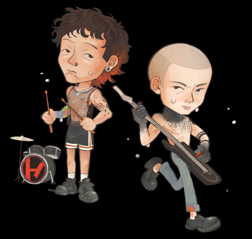 a drawing of tyler joseph & josh dun from the band, twenty one pilots, in their outfits from the next semester video. tyler has his guitar, and josh has his drum sticks, with a small drumkit next to him.